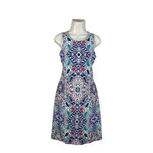 Charter Club Sheath Sleeveless Dress Blue Pink Medallion Print Sz Medium Stretch